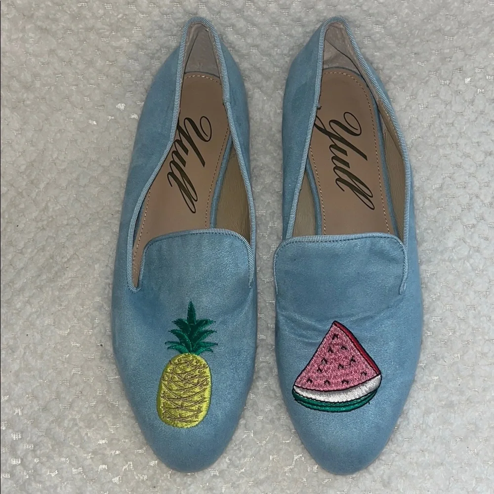 YULL Womens Loafers Blue Embroidered Watermelon and Pineapple size UK  7 US 9